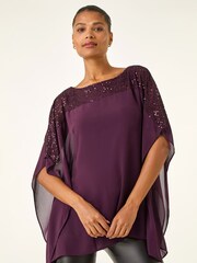 Roman Purple Sequin Yoke Contrast Chiffon Tunic Top - Image 4 of 5