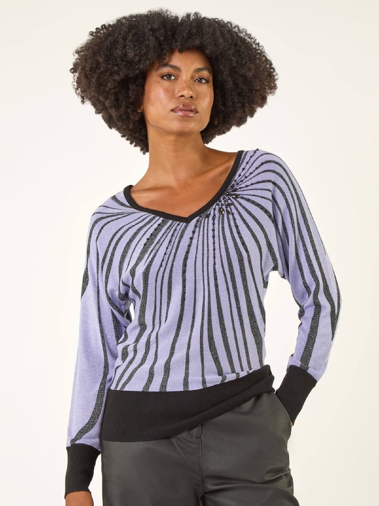 Roman Purple Shimmer Abstract Stripe Knit Jumper - Image 2 of 5