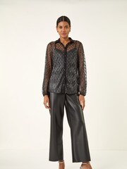 Roman Black Dobby Plisse Button Through Blouse - Image 1 of 5