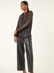 Roman Black Dobby Plisse Button Through Blouse - Image 2 of 5