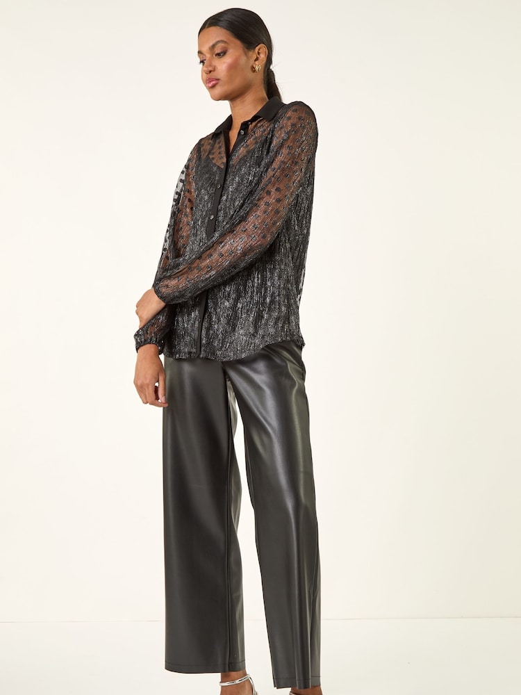 Roman Black Dobby Plisse Button Through Blouse - Image 2 of 5