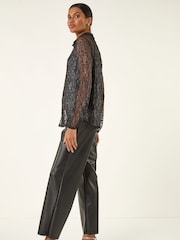 Roman Black Dobby Plisse Button Through Blouse - Image 3 of 5