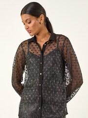 Roman Black Dobby Plisse Button Through Blouse - Image 4 of 5