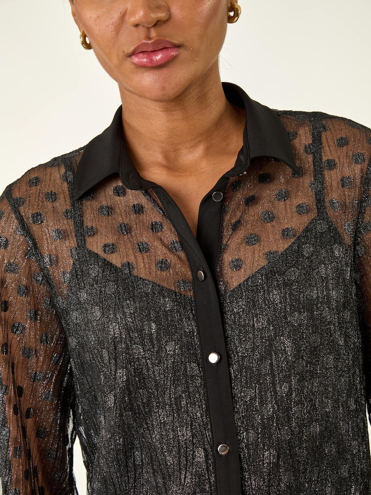 Roman Black Dobby Plisse Button Through Blouse - Image 5 of 5