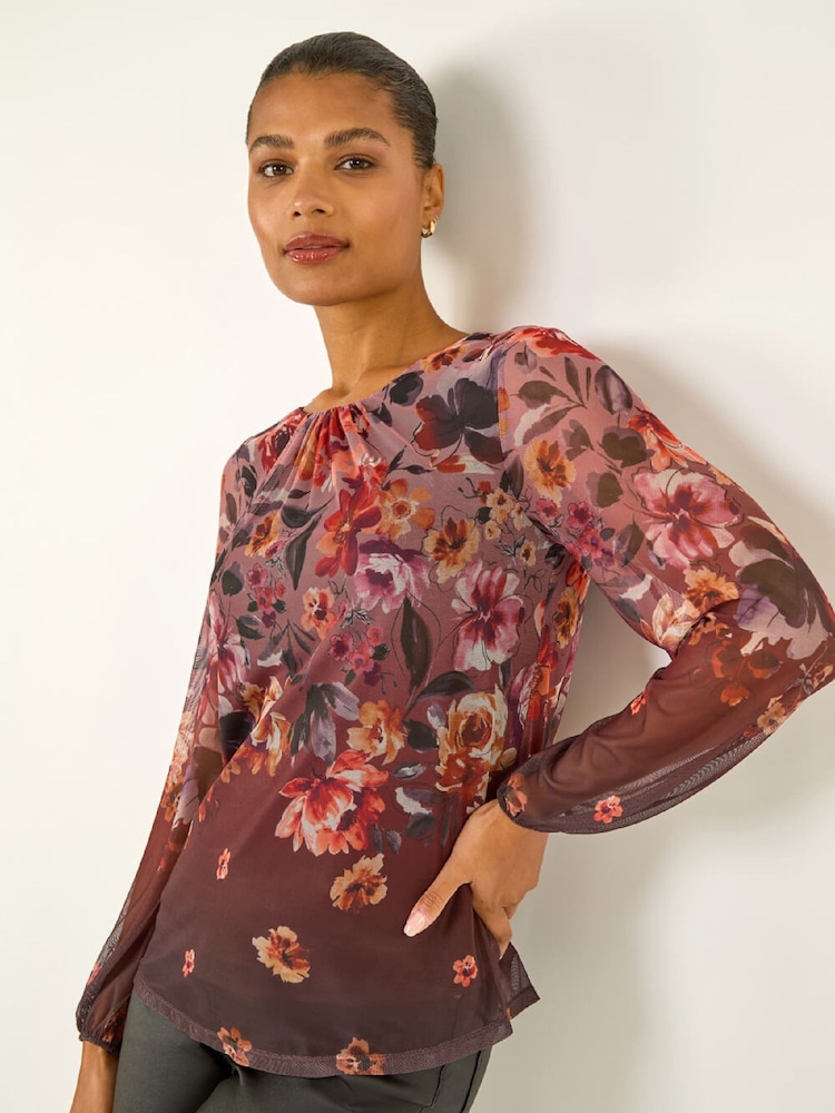 Roman Brown Floral Border Print Mesh T-Shirt - Image 1 of 5