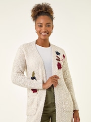 Roman White Embroidered Floral Knit Cardigan - Image 4 of 5