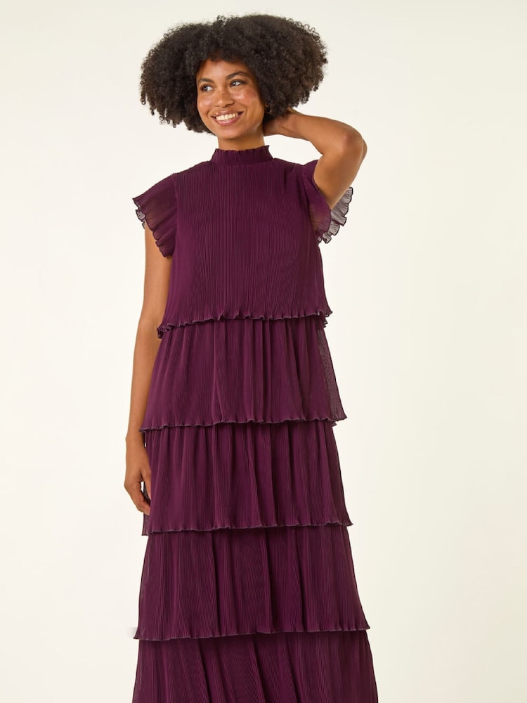 Roman Purple High Neck Tiered Pleat Midi Dress - Image 1 of 5 Roman Purple High Neck Tiered Pleat Midi Dress - Image 1 of 5