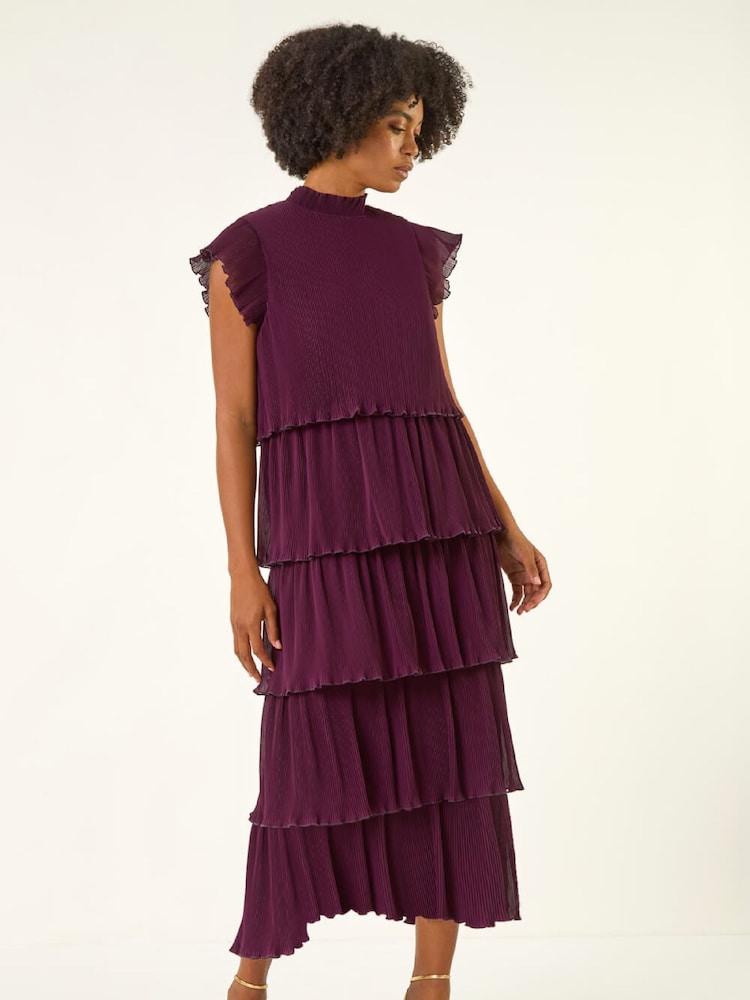 Roman Purple High Neck Tiered Pleat Midi Dress - Image 2 of 5 Roman Purple High Neck Tiered Pleat Midi Dress - Image 2 of 5