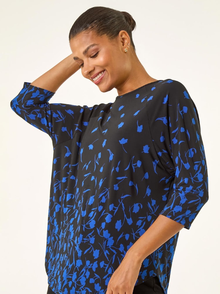 Roman Blue Border Print Curved Stretch Blouse - Image 1 of 5 Roman Blue Border Print Curved Stretch Blouse - Image 1 of 5