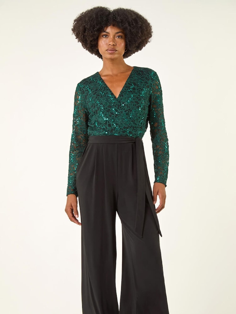 Roman Green Sequin Lace V-Neck Stretch Jumpsuit - Image 1 of 5