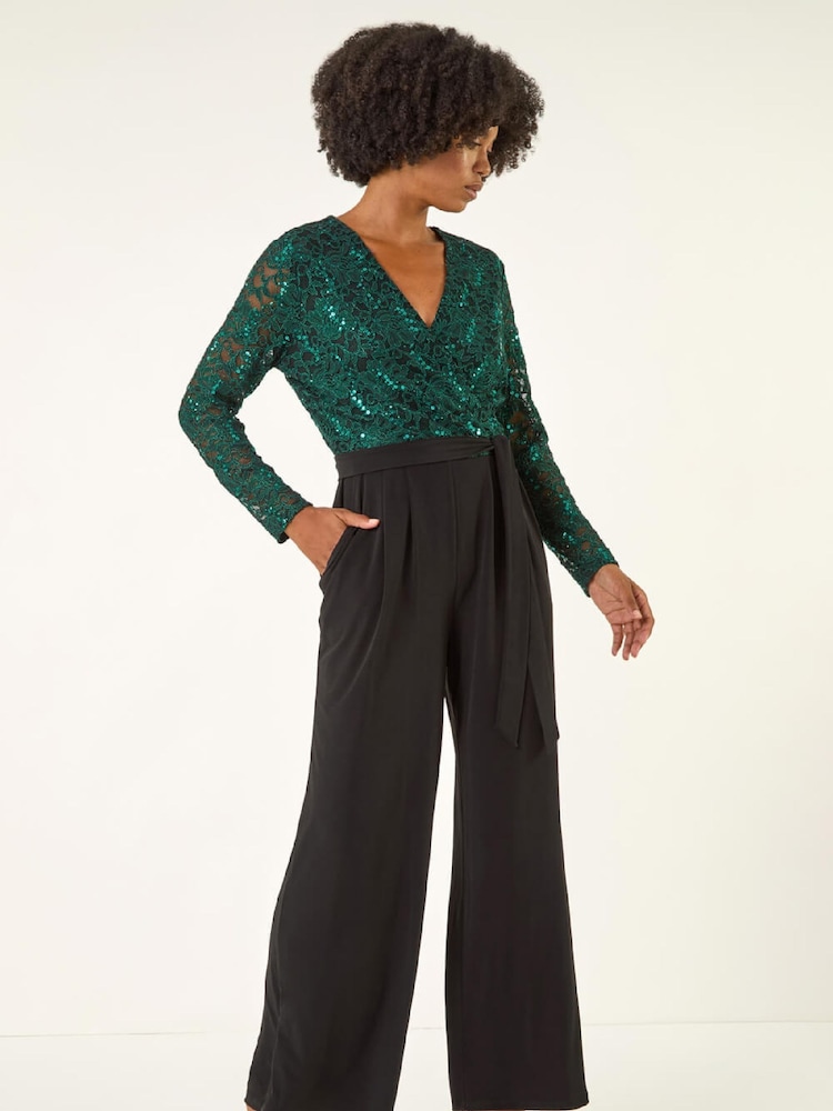 Roman Green Sequin Lace V-Neck Stretch Jumpsuit - Image 2 of 5 Roman Green Sequin Lace V-Neck Stretch Jumpsuit - Image 2 of 5