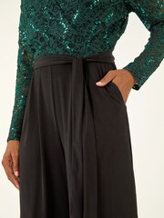 Roman Green Sequin Lace V-Neck Stretch Jumpsuit - Image 5 of 5