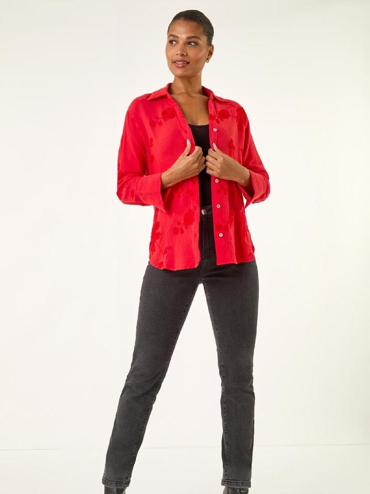 Roman Red Floral Embroidered Collared Shirt - Image 2 of 5