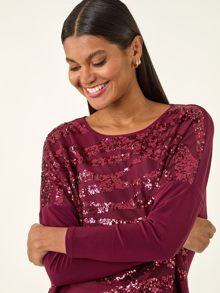 Roman Red Animal Print Sequin Mesh Blouse - Image 1 of 5
