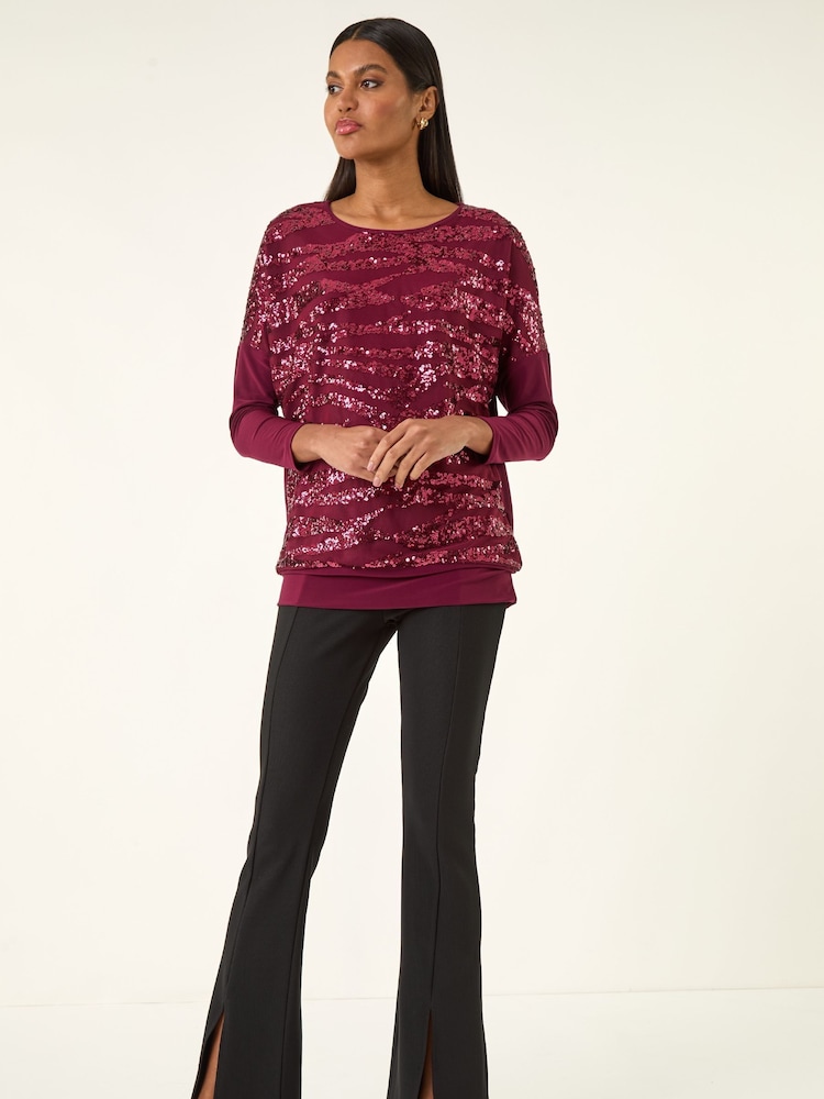 Roman Red Animal Print Sequin Mesh Blouse - Image 2 of 5