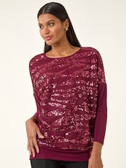 Roman Red Animal Print Sequin Mesh Blouse - Image 4 of 5