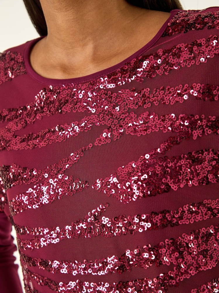 Roman Red Animal Print Sequin Mesh Blouse - Image 5 of 5 Roman Red Animal Print Sequin Mesh Blouse - Image 5 of 5