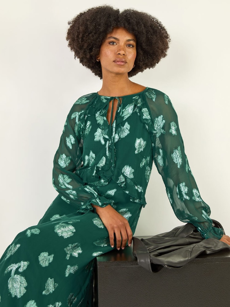 Roman Green Floral Brocade Frill Midi Dress - Image 1 of 5 Roman Green Floral Brocade Frill Midi Dress - Image 1 of 5