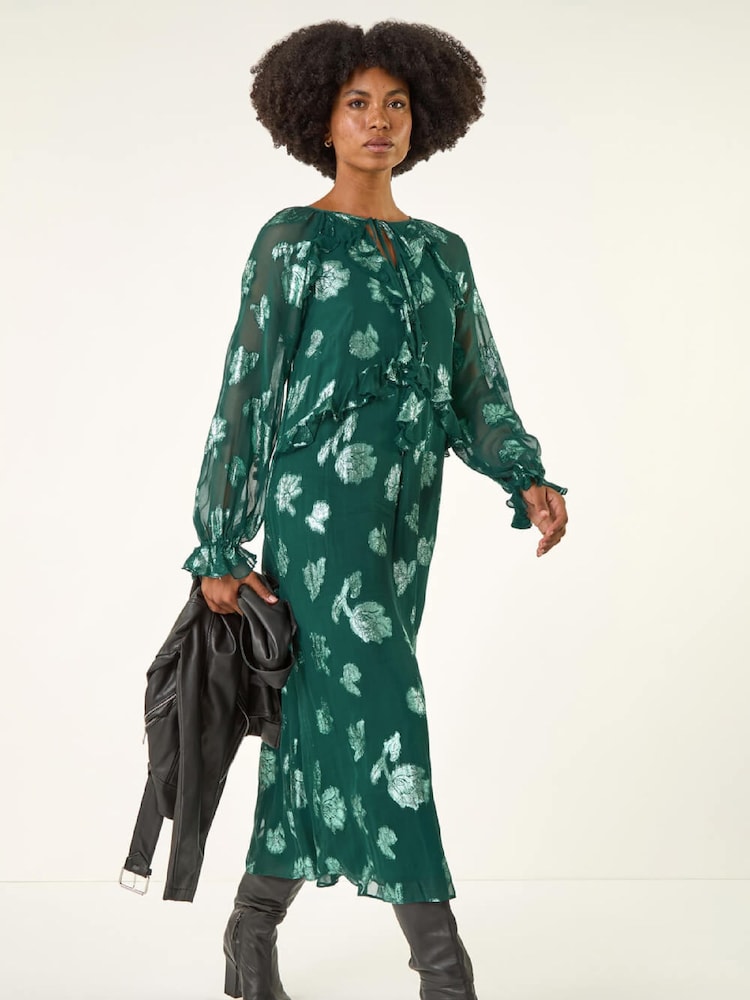 Roman Green Floral Brocade Frill Midi Dress - Image 2 of 5 Roman Green Floral Brocade Frill Midi Dress - Image 2 of 5