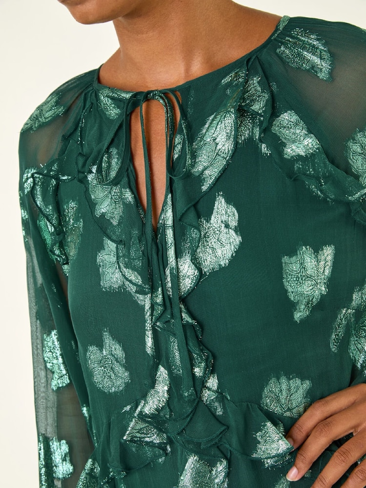 Roman Green Floral Brocade Frill Midi Dress - Image 5 of 5 Roman Green Floral Brocade Frill Midi Dress - Image 5 of 5