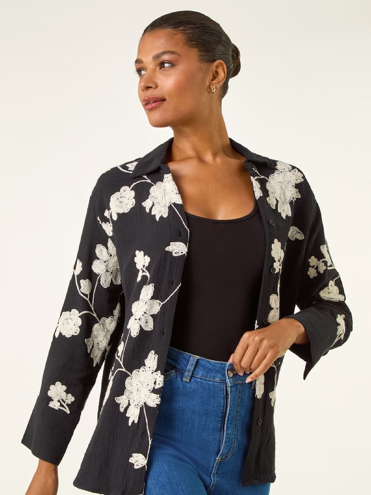 Roman Black Floral Embroidered Collared Shirt - Image 1 of 5 Roman Black Floral Embroidered Collared Shirt - Image 1 of 5