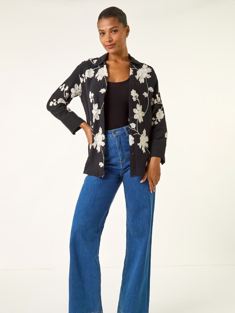 Roman Black Floral Embroidered Collared Shirt - Image 2 of 5