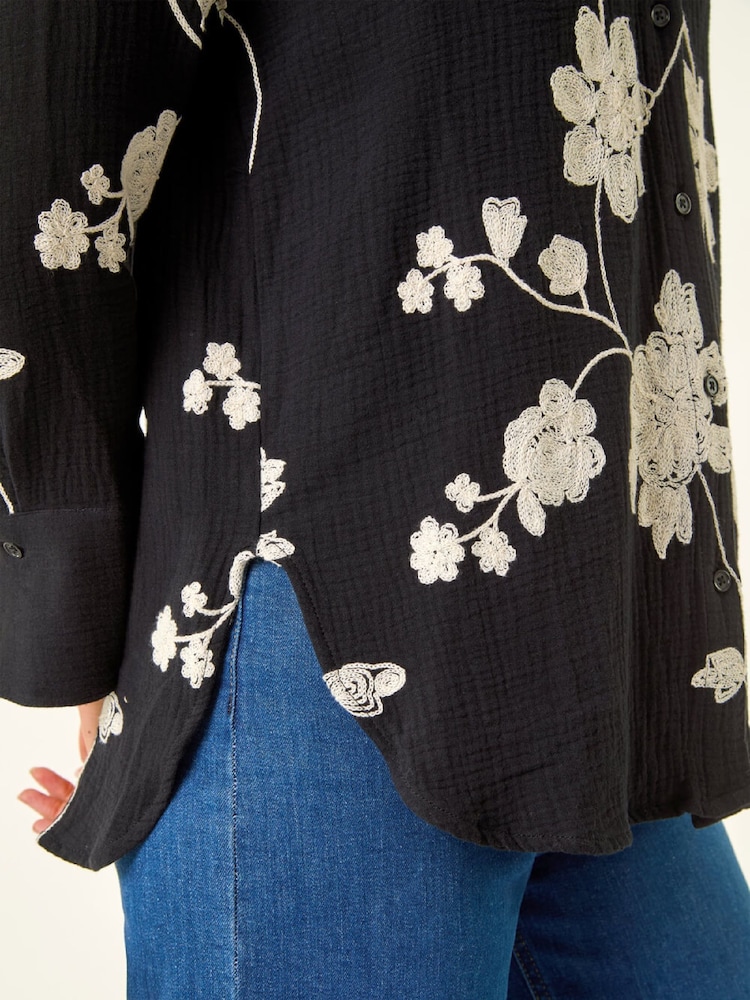 Roman Black Floral Embroidered Collared Shirt - Image 5 of 5 Roman Black Floral Embroidered Collared Shirt - Image 5 of 5