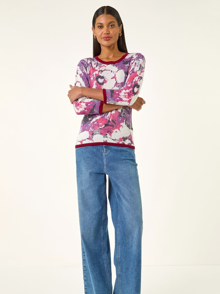 Roman Pink Floral Metallic Knit Jumper - Image 2 of 5 Roman Pink Floral Metallic Knit Jumper - Image 2 of 5
