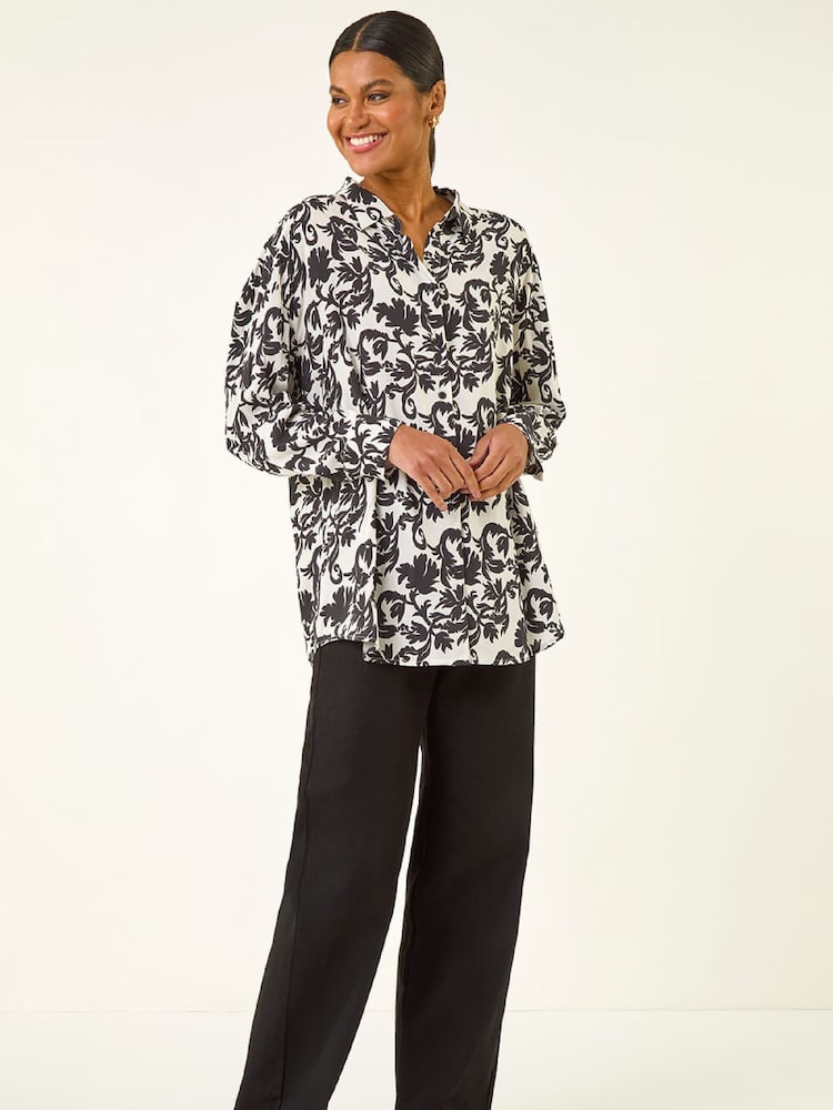 Roman Black Floral Swirl Print Collared Shirt - Image 2 of 5 Roman Black Floral Swirl Print Collared Shirt - Image 2 of 5