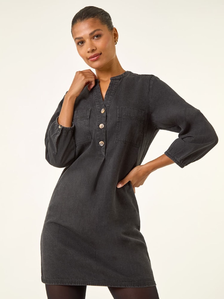 Roman Black Cotton Denim Button Shift Dress - Image 1 of 5 Roman Black Cotton Denim Button Shift Dress - Image 1 of 5