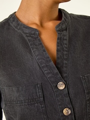 Roman Black Cotton Denim Button Shift Dress - Image 5 of 5