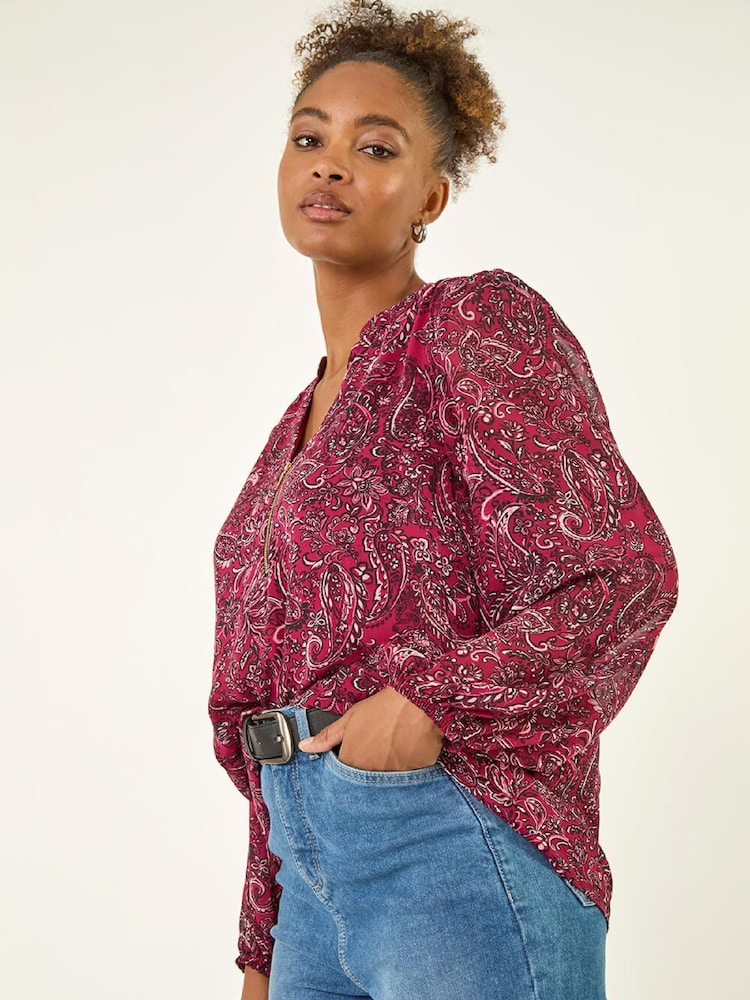 Roman Red Paisley Print Zip Front Blouse - Image 1 of 5 Roman Red Paisley Print Zip Front Blouse - Image 1 of 5