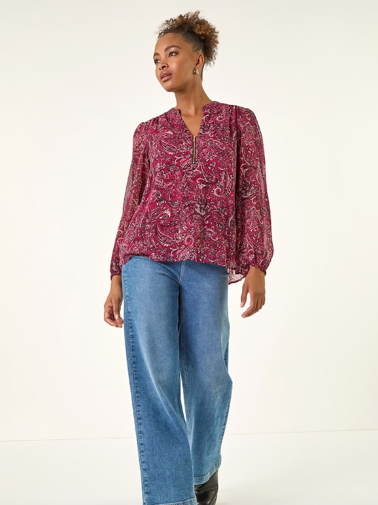 Roman Red Paisley Print Zip Front Blouse - Image 2 of 5 Roman Red Paisley Print Zip Front Blouse - Image 2 of 5