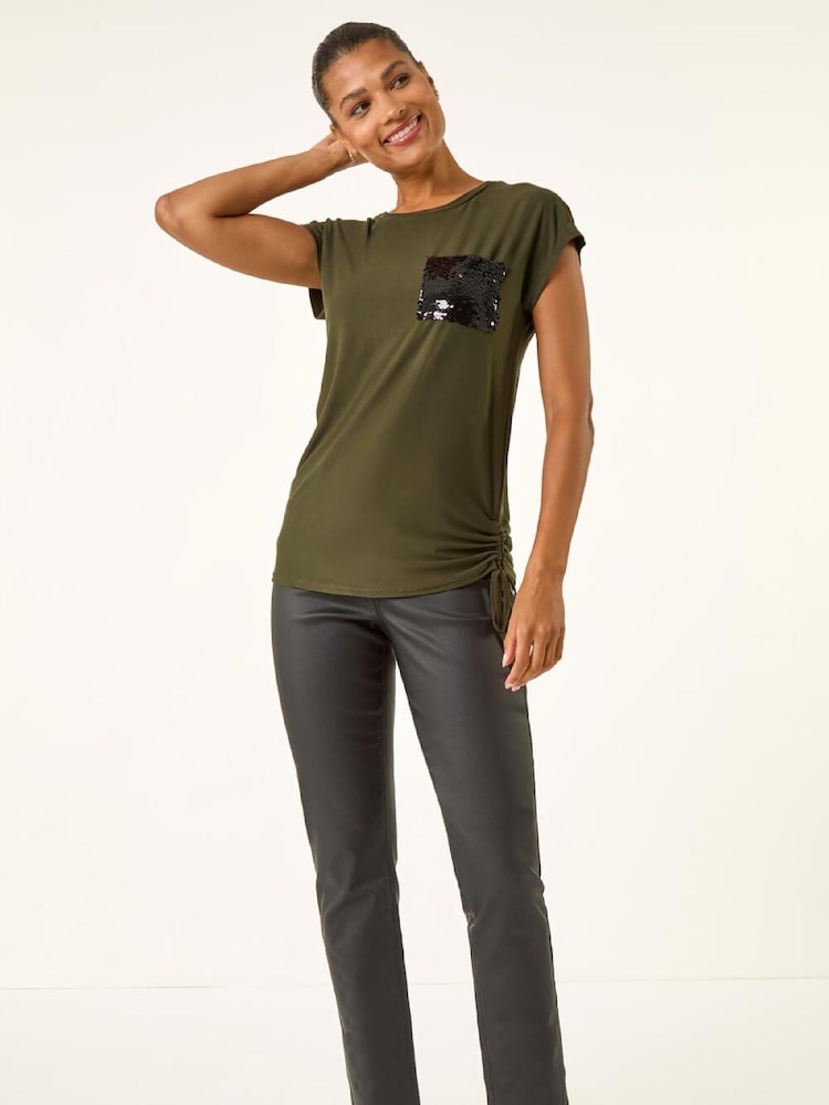 Roman Green Sequin Pocket Side Ruched T-Shirt - Image 2 of 5 Roman Green Sequin Pocket Side Ruched T-Shirt - Image 2 of 5