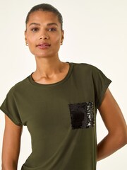 Roman Green Sequin Pocket Side Ruched T-Shirt - Image 4 of 5