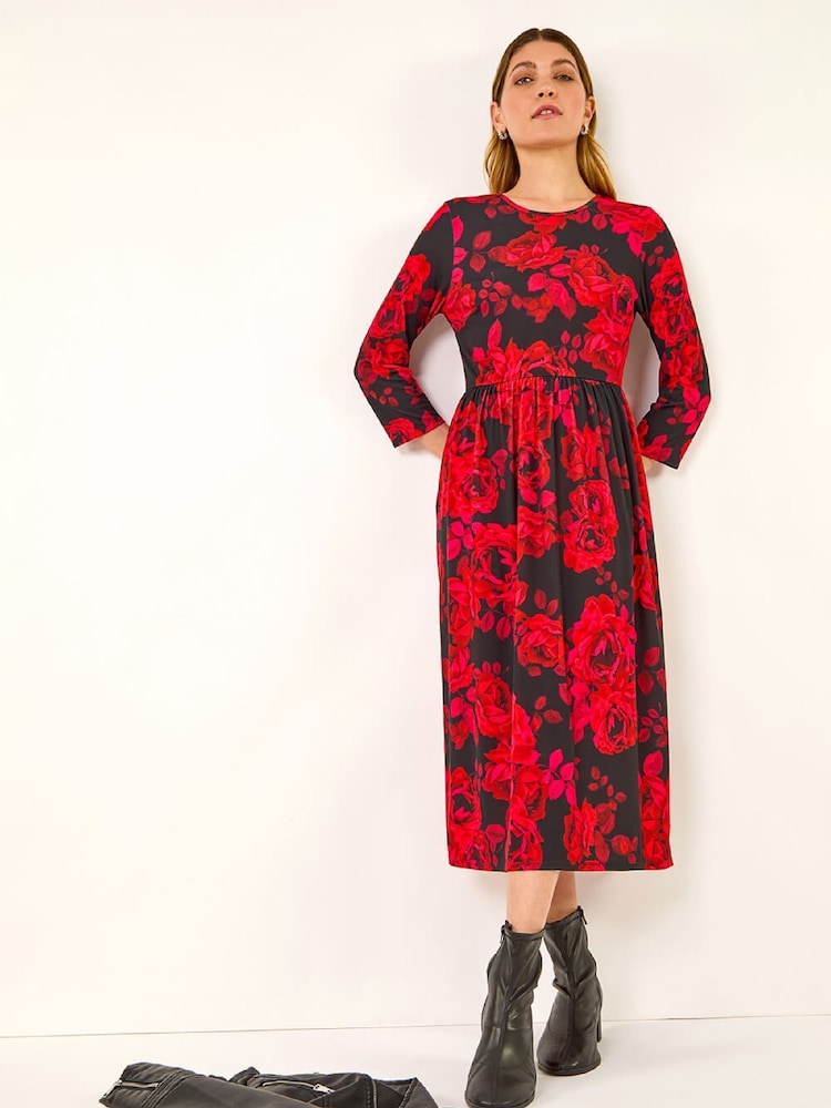 Roman Red Rose Print Gathered Stretch Midi Dress - Image 1 of 5