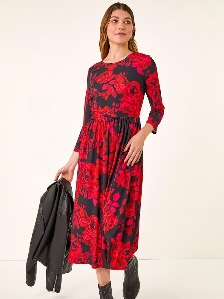 Roman Red Rose Print Gathered Stretch Midi Dress - Image 2 of 5