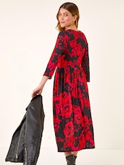 Roman Red Rose Print Gathered Stretch Midi Dress - Image 3 of 5
