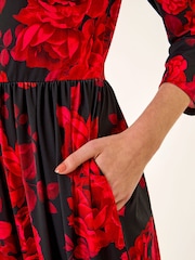 Roman Red Rose Print Gathered Stretch Midi Dress - Image 5 of 5