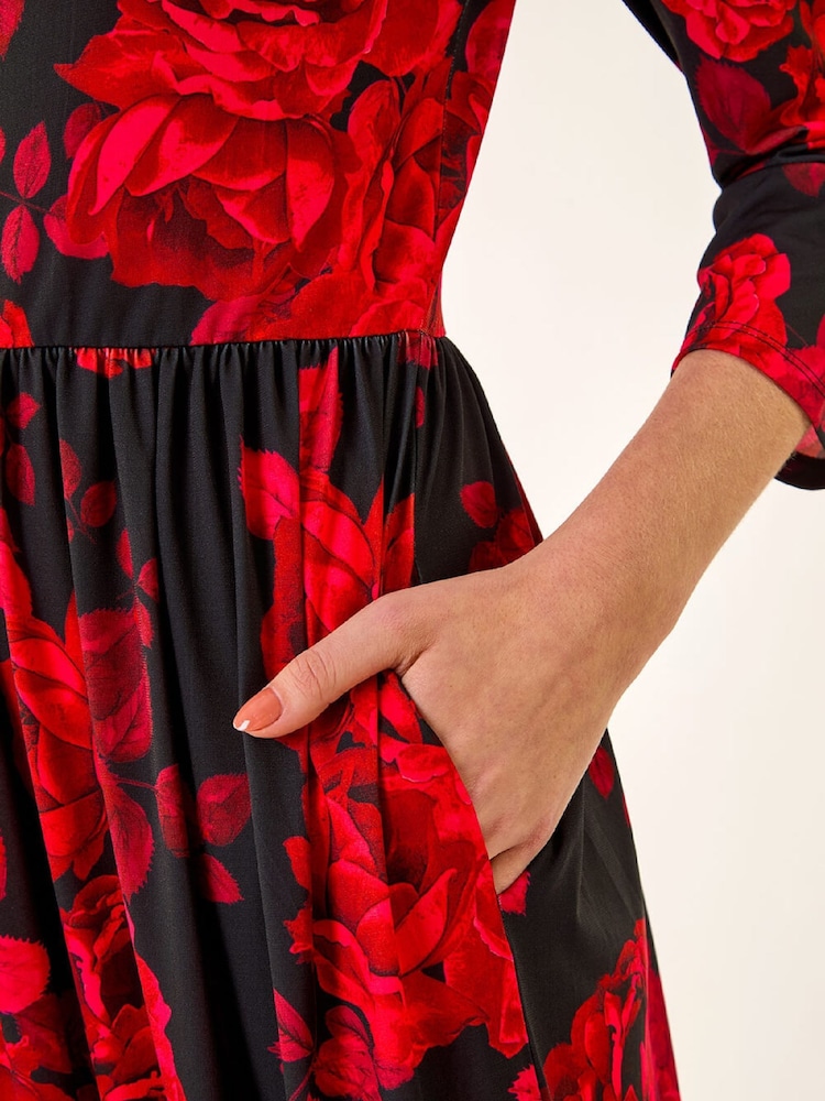 Roman Red Rose Print Gathered Stretch Midi Dress - Image 5 of 5