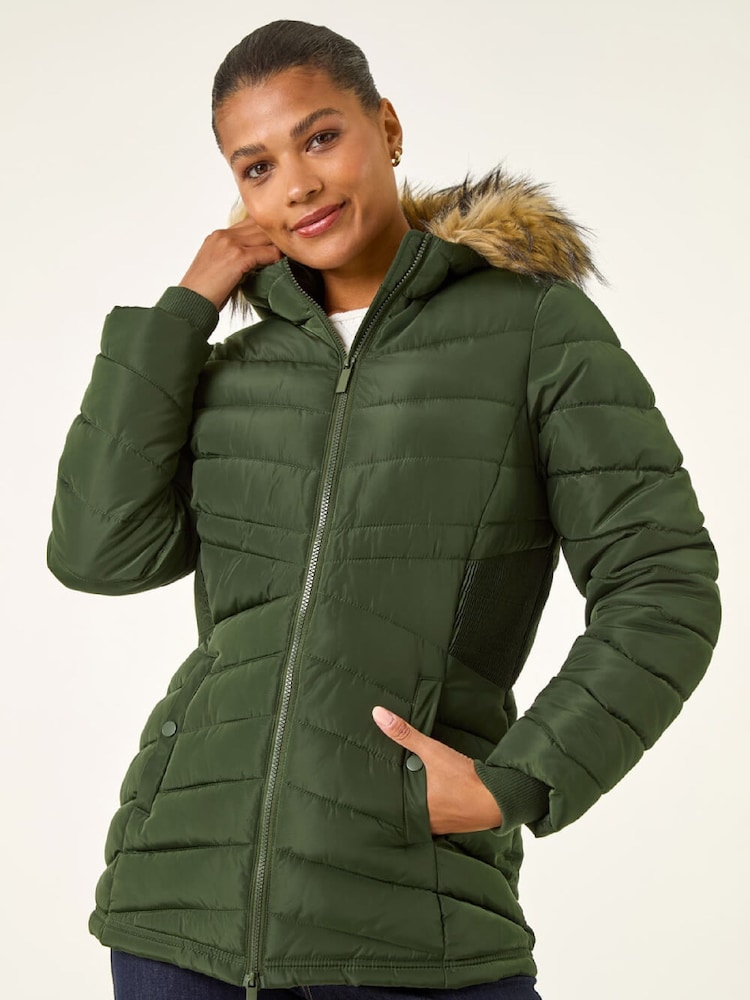 Roman Green Faux Fur Hooded Quilt Coat - Image 1 of 5