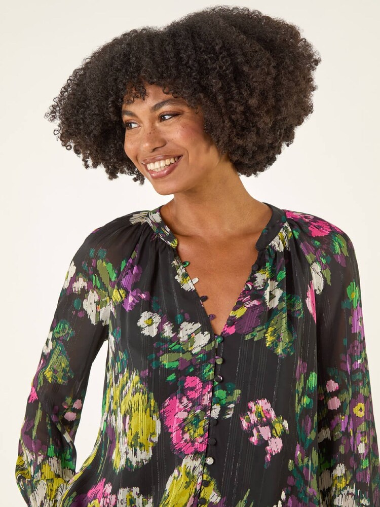 Roman Black Metallic Floral Print Blouse - Image 1 of 5 Roman Black Metallic Floral Print Blouse - Image 1 of 5