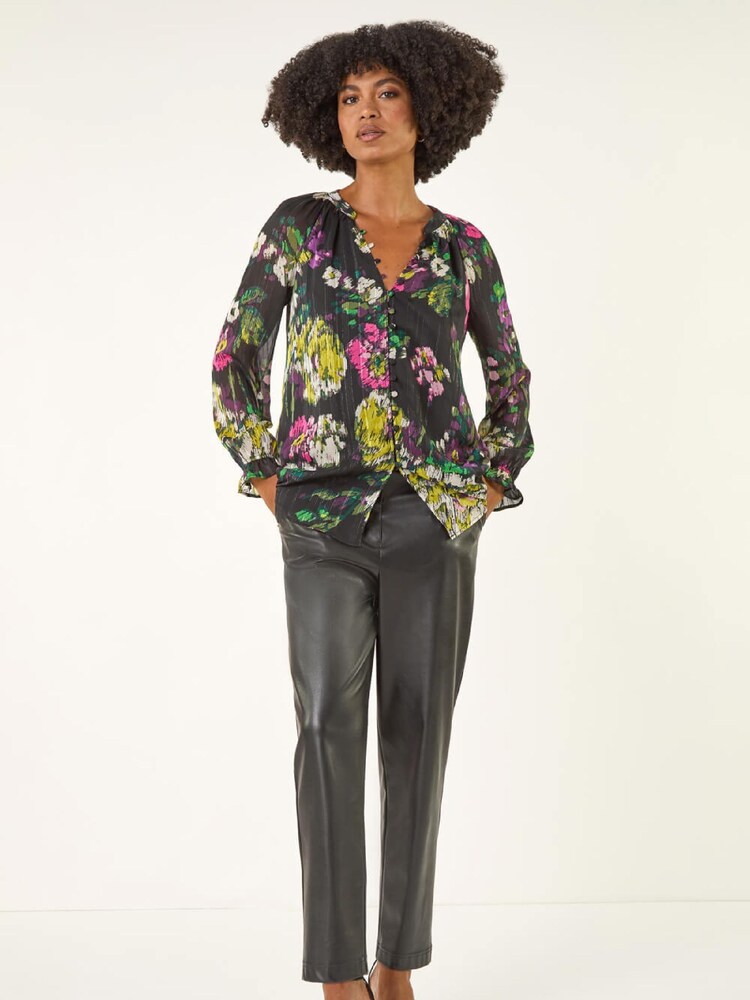 Roman Black Metallic Floral Print Blouse - Image 2 of 5 Roman Black Metallic Floral Print Blouse - Image 2 of 5
