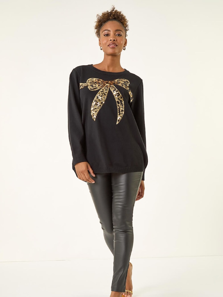 Roman Black Sequin Animal Bow Knit Jumper - Image 2 of 5 Roman Black Sequin Animal Bow Knit Jumper - Image 2 of 5