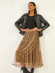 Roman Brown Pleated Velvet Overlay Skirt - Image 1 of 5