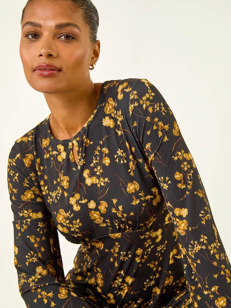 Roman Yellow Floral Print Frill Stretch Dress - Image 1 of 5