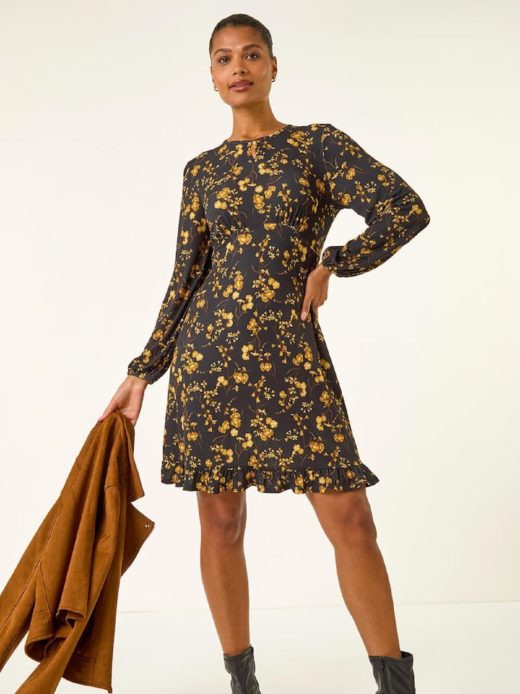 Roman Yellow Floral Print Frill Stretch Dress - Image 2 of 5