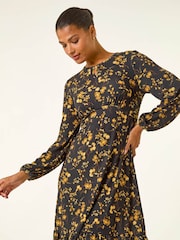 Roman Yellow Floral Print Frill Stretch Dress - Image 4 of 5