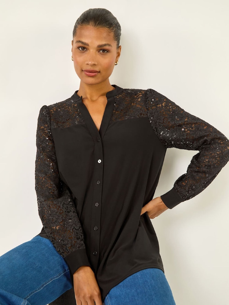 Roman Black Sequin Insert Stretch Blouse - Image 1 of 5 Roman Black Sequin Insert Stretch Blouse - Image 1 of 5