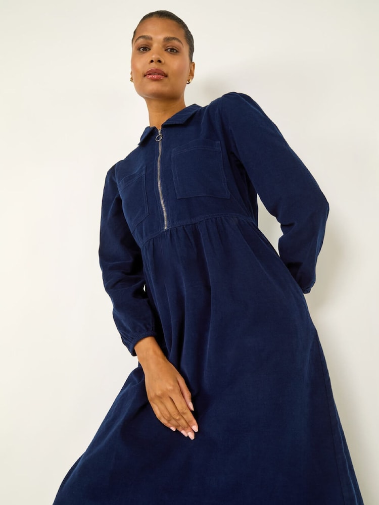 Roman Blue Corduroy Zip Detail Midi Dress - Image 1 of 5 Roman Blue Corduroy Zip Detail Midi Dress - Image 1 of 5